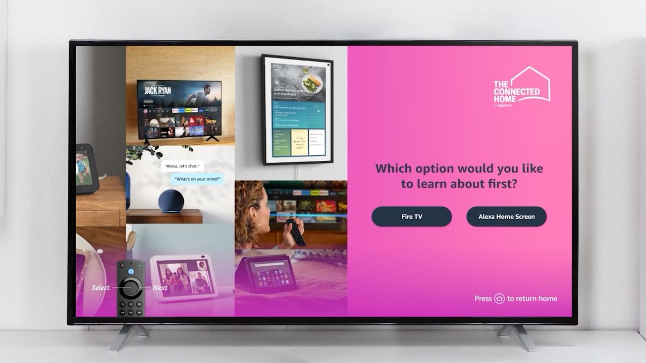 Screen: Which option would you like to learn about first? Fire TV or Alexa Home Screen